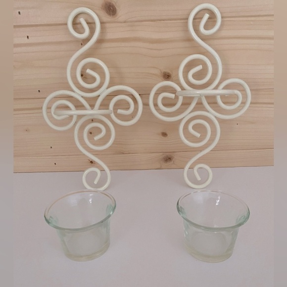 Wall Sconces Wrought Iron Ivory Beige Set of 2 with Glass Tea Light Holder - Picture 3 of 8